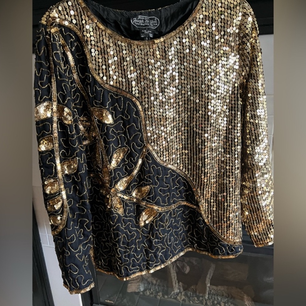 Joseph Le Bon - Vintage gold & black sequin 3/4 sleeve blouse - GUC Size Small